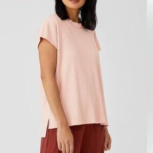 Eileen Fisher Textured Stretch Rib Crew Neck Top Pale Pink boxy oversized